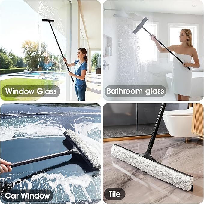 Window Squeegee with Flip-Head Shower Squeegee 16-59 Long Handle Telescopic Pole &amp 30% Thicker Blade Shower Squeegee for Glass Doors Shower Car Windows Bathroom