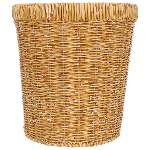 Plastic Woven Trash Basket Imitation Rattan Storage Bin Lightweight Household Wastebasket for Living Room and Kitchen Organization