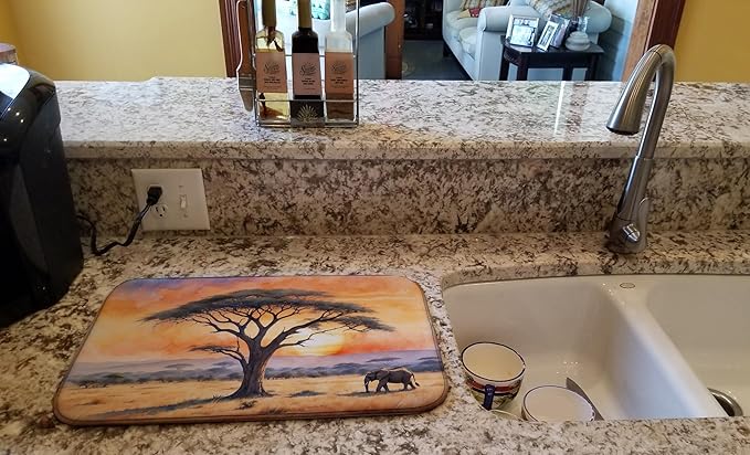 Caroline's Treasures Elephants Savanna Sunrise Dish Drying Mat Absorbent Dish Drying Mat Pad for Kitchen Counter Dish Drainer Mat for Countertop 14 x 21 Multicolor