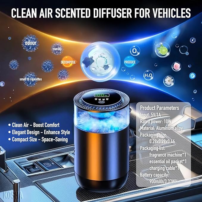 KOSHA Automobile Aroma Diffuser with Colorful Running Lights 3 Mode Settings 900mAh Essential Oil Display Non-Slip Lasts 2000 Refills Air Freshener for Car &amp Home (Cloud Top Tea Aroma)