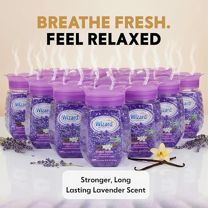 WIZARD Odor Eliminator Gel Beads - 12 oz Pack of 12 - Air Freshners For Bathroom. Rooms Per Areas and Car Freshner (VANILLA LAVENDER)