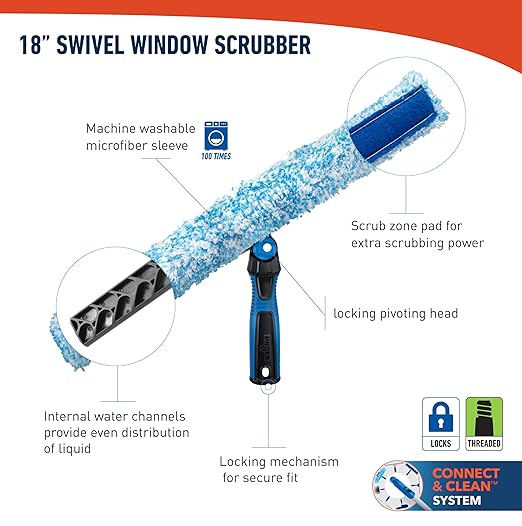 Unger Professional Connect and Clean 18” Grip Microfiber Window Scrubber with 8’ Pole High-Access Glass Surface Household Cleaning Supplies and Tools Reusable Microfiber Sleeve