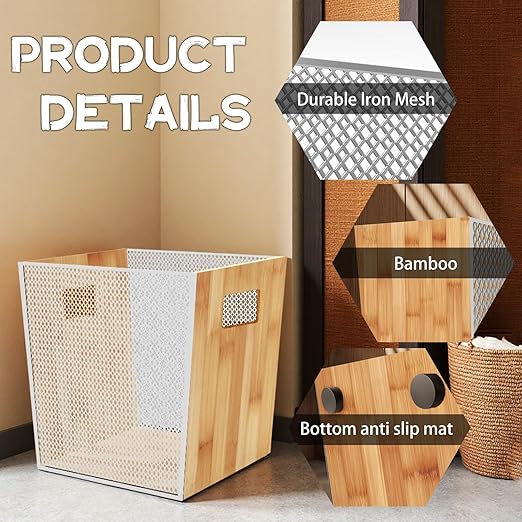 Bamboo Wooden Trash Can with Mesh Unique Office Decorative Wastebasket Wood Garbage Can for Bedroom Bathroom Laundry Room Kitchen Office Dorm (Natural 5 Gallons)