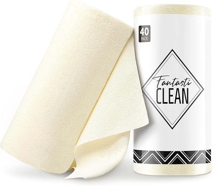 Fantasticlean Microfiber Cleaning Cloth Roll -40 Pack Tear Away Microfiber Towels 12 x 12 Reusable Washable Scratch Free Ultra Absorbent Dishcloth for All-Around Cleaning Supplies (Beige)