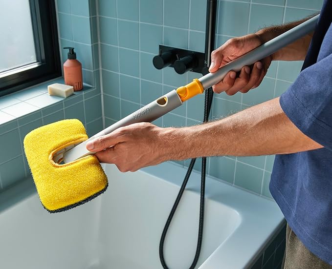 Joseph Joseph CleanTech 6-Piece Cleaning Set with Extension Handle Includes: Glass Cleaner w/Squeegee Tile Scrubber Grout Brush Surface Cleaner and Duster with Telescopic Pole for Ceiling Fan