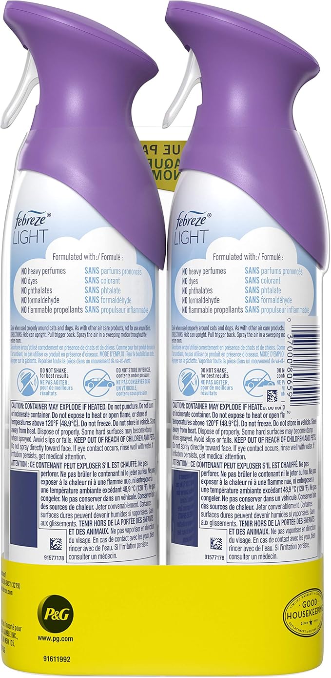Febreze Air Mist Air Freshener Spray Odor-Fighting Room Spray Air Fresheners for Home and Bathroom and Kitchen Aerosol Can Light Lavender Scent 8.8oz 6 Count Pack of 3