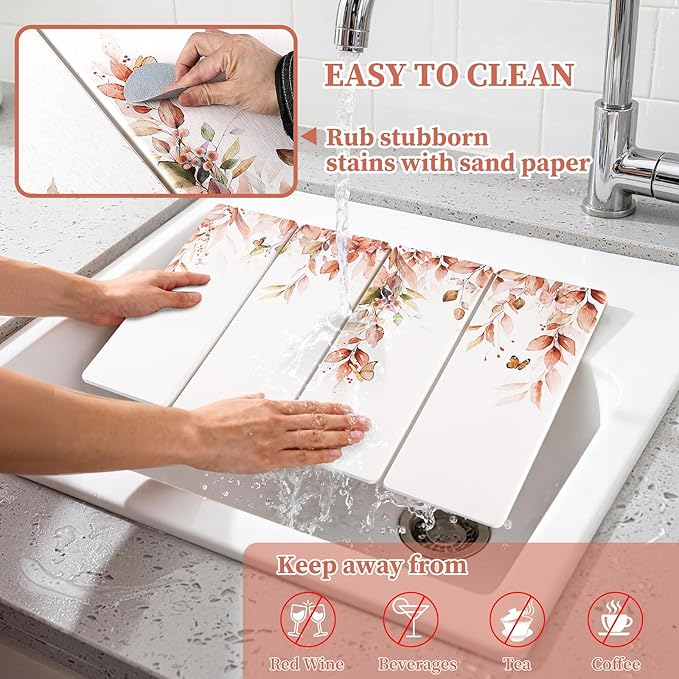 Large Stone Dish Drying Mat for Kitchen Counter 24×16 Quick Dry Dishes Mats Foldable Diatomaceous Earth Drying Organizer Pad Water Absorbing for Plate Bottles Utensils
