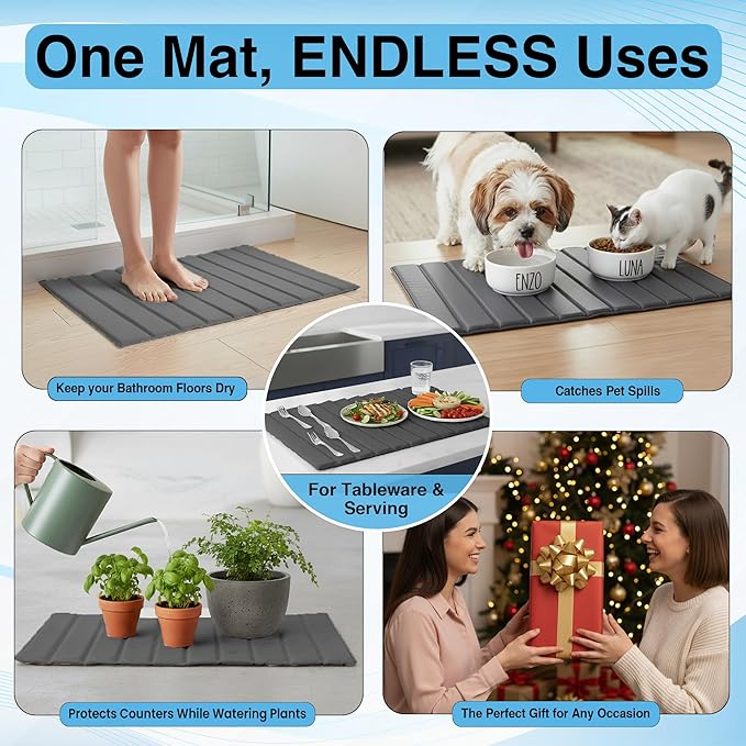 Large PU Leather Surface Quick Drying Dish Drying Mat with Diatomaceous Earth Stone For Kitchen Counter 25x16 – Foldable and Absorbent Kitchen Counter Mat Includes Silicone Faucet Mat Gray