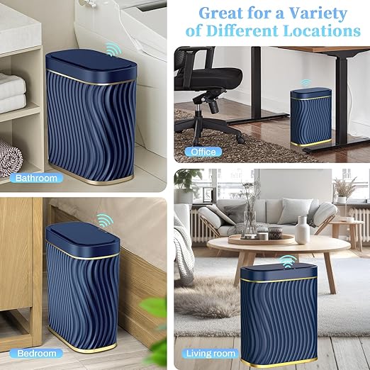 steo spce Bathroom Small Trash Can with Automatic Touchless Lid 2.6 Gallon Smart Garbage Can Narrow Waterproof Trash Bin for Bedroom Office Living Room (Dark Blue)