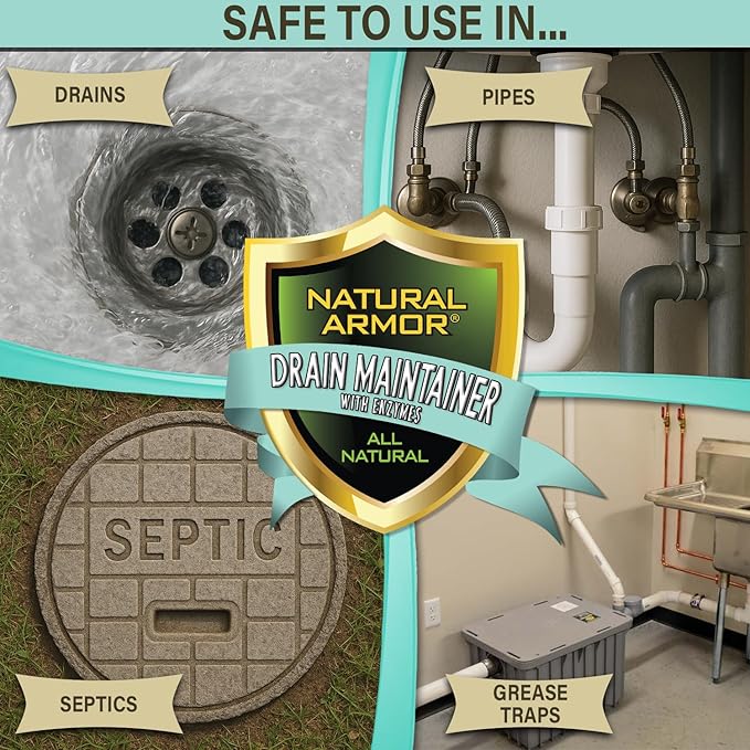 Natural Armor Enzyme Drain Maintainer - Quart Drain Cleaner with Natural Enzyme Power to Prevent Buildup &amp Odors - Safe for Sinks Showers Grease Traps &amp Septic - Non-Toxic Formula 2.5 Gallo