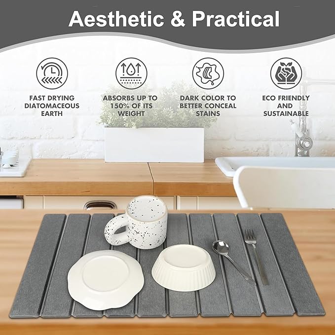 Large Stone Dish Drying Mat for Kitchen Counter 24x16 Inches Diatomaceous Earth 1-Second Absorption Quick-Dry Foldable Non-Slip Easy to Clean for Dishes - Dark Gray
