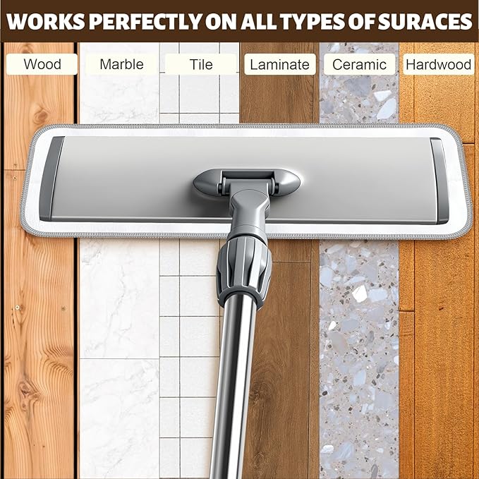 17.7 Microfiber Mop for Floor Cleaning 59in Long Adjustable Stainless Steel Handle 360° Rotating Large Flat Mops 4 Washable Pads for Dry &amp Wet Cleaning for Hardwood Vinyl Laminate Grey