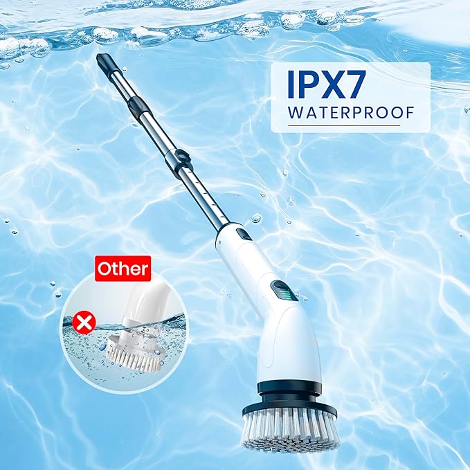 Electric Spin Scrubber Full-Body IPX7 Waterproof Cordless Shower Scrubber with 8 Replaceable Heads Upgraded Extension Handle 2H Work Time 2 Speeds for Bathroom Shower Tile Glass