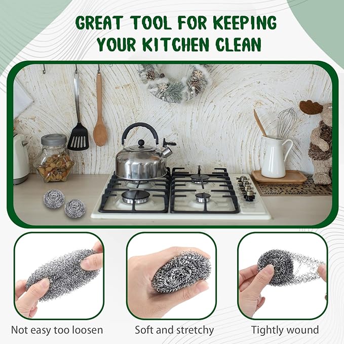 Yinkin 100 Pieces Stainless Steel Scrubber Bulk Steel Wool Scrubber Metal Sponge Wire Scouring Pad Heavy Duty Clean Dish Pot Pan and Oven for Kitchen Bathrooms and More