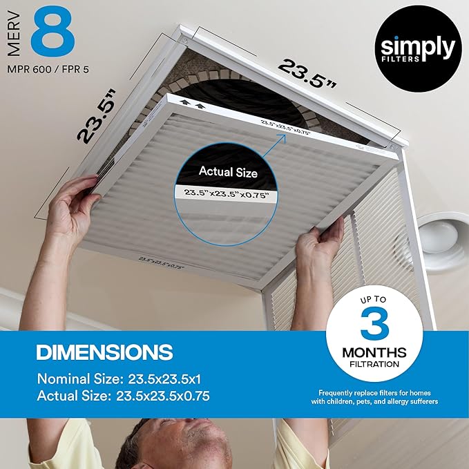 Simply 23.5x23.5x1 Air Filter Merv 8 6 Pack For Home AC Furnace &amp HVAC (Actual Size: 23.5x23.5xx0.75) DUST Pet &amp Allergy Control
