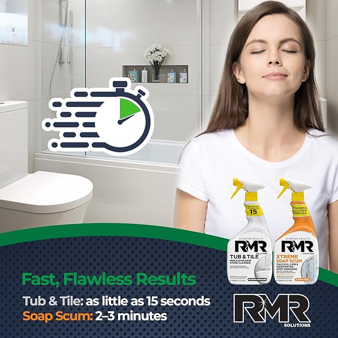 RMR Bathroom Breakthrough Bundle – Tub &amp Tile Cleaner + Xtreme Soap Scum Remover 2-Step Deep Clean System for Shower Tub Tile Grout &amp Glass Buildup Stains &amp Grime 2–32 Oz Bottles