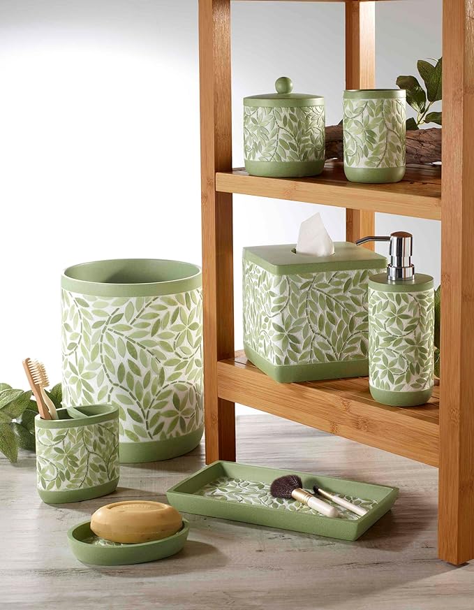 Avanti Linens - Bath Set 4pc Countertop Accessories Resin Tumbler Toothbrush Holder Soap Dish Lotion Pump (Stratford Collection Green)