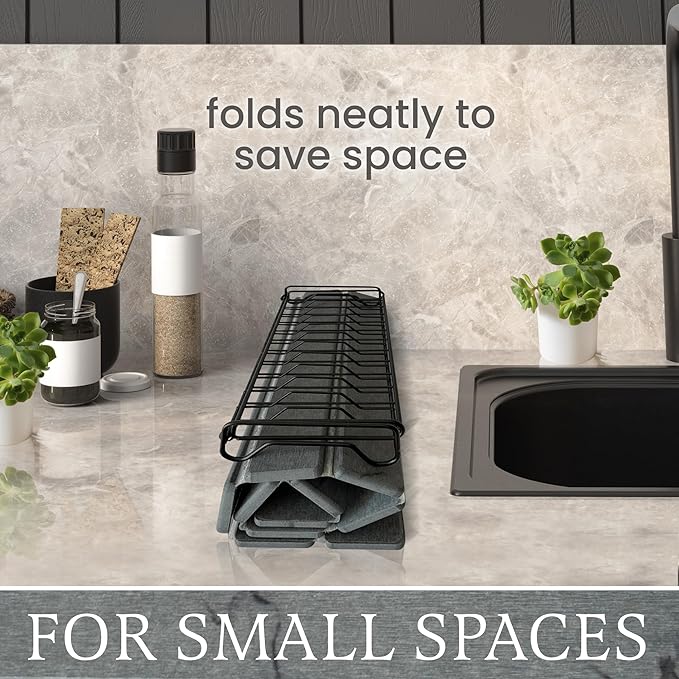 Stone Drying Mat + Foldable Black Metal Dish Rack – Complete 2-Tier Kitchen Drying System – Ultra Absorbent Dark Gray Mat for Plates Glasses &amp Cutlery – Modern &amp Hygienic Counter Organizer -