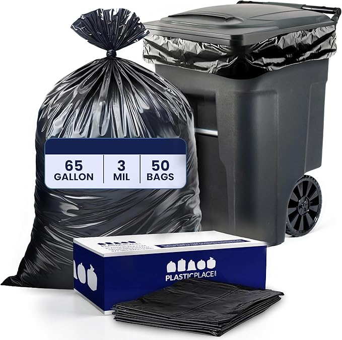 Plasticplace 65 Gallon Trash Bags │ 3.0 Mil │ Black Heavy Duty Garbage Can Liners │ 50” X 48” (50Count)