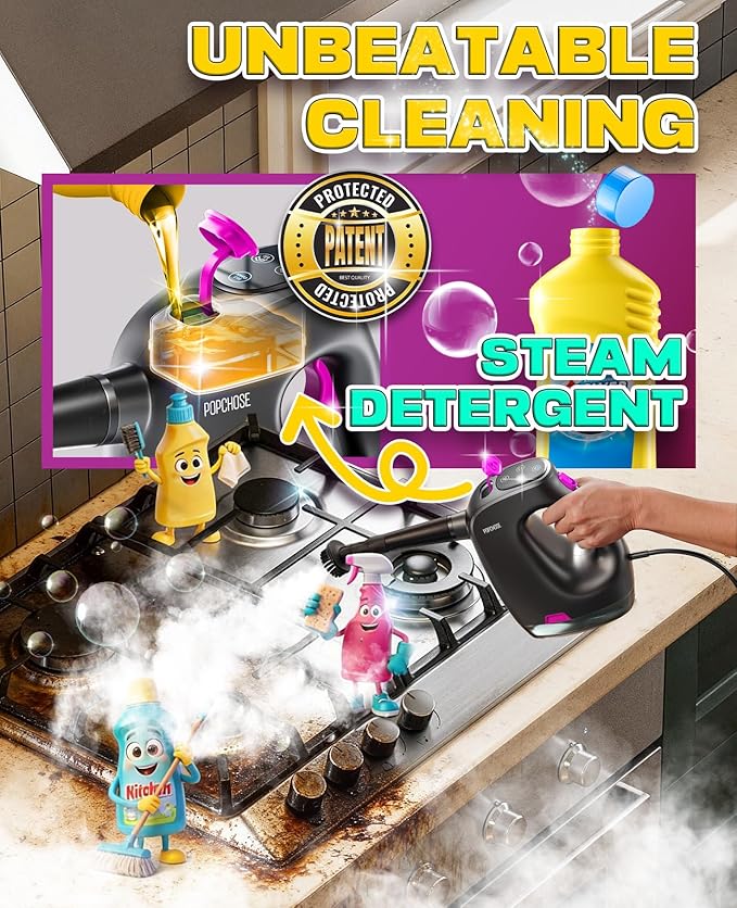 POPCHOSE Steam Cleaner with Detergent Dispenser15s Heat-Up Handheld Steam Cleaner for Home 500ml Removable Water Tank Lightweight Portable Steamer for Cleaning Grout Windows Kitchen Easy Refill