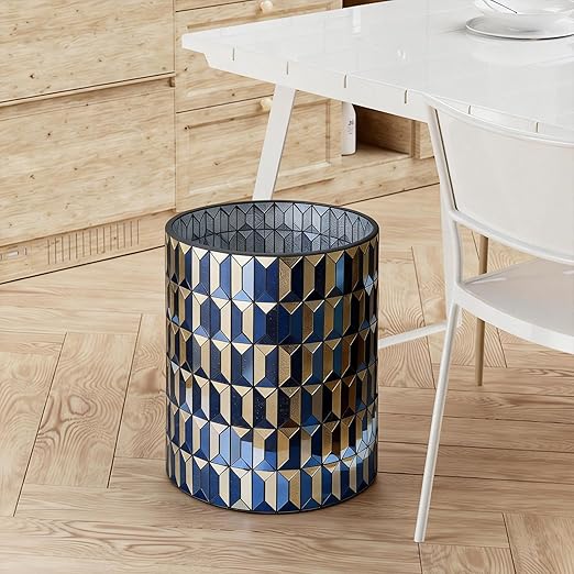 Escenzy Modern Bathroom Trash Can Mosaic Glass 5L | Decorative Small Garbage Can | 8 x 10 | Luxury Waste Basket for Restroom Office Bedroom &amp Kitchen | Shiny Black and Gold Bathroom Accessorie