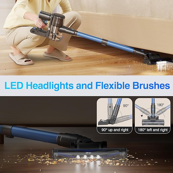 Zefiro Cordless Vacuum Cleaner for Home550W /48Kpa 50Mins Stick VacuumAnti-Tangle 1.5L Dust Cup Rechargeable Wireless Handheld Vacuum for Pet Hair/Carpet/Floor