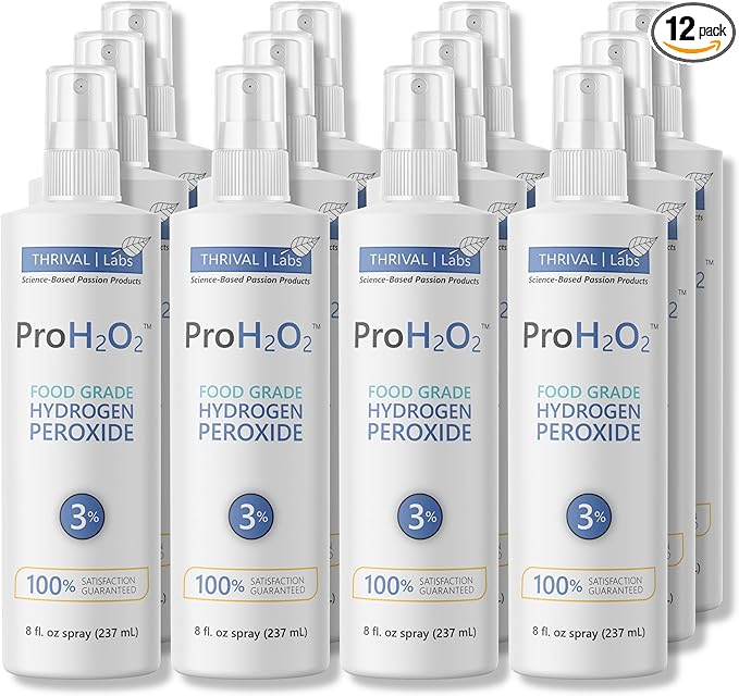 ProH2O2 3% Food Grade Hydrogen Peroxide Cleaning Solution – Multipurpose Household Cleaner for Laundry Surfaces &amp Soaking – Liquid Oxide Formula – 8 fl oz Bottles (Pack of 12)