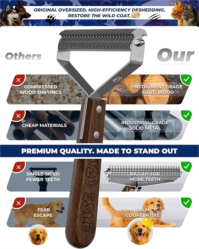 Extra Large 2-Sided Dog Brush For Shedding Undercoat Rake for Dogs &amp Cats Remove Mats Dematting CombGentle Grooming Brush for German Shepherds Medium to Long-Haired Pets(Premium Walnut Handle)