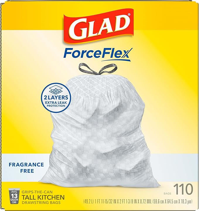 Glad ForceFlex Tall Kitchen Drawstring Trash Bags13 GalFragrance Free110 Ct (Package May Vary)(Pack of 3)