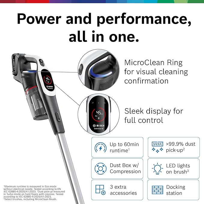 Bosch Unlimited 9 Cordless Stick Vacuum Cleaner - Up to 60 Min Battery Multi-Surface Vacuums Pet Hair Hard Floors and Carpets HEPA Filter MicroClean Brush 3 Accessories White