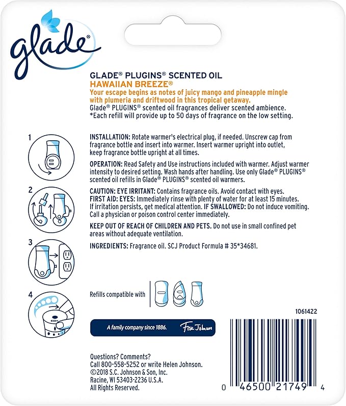 Glade PlugIns Refills Air Freshener Scented Oil for Home and Bathroom Hawaiian Breeze 1.34 Oz 3 Count