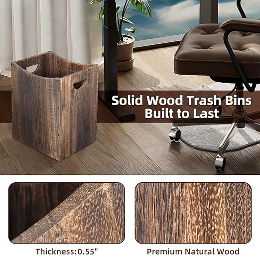 2 Pack 5 Gallon Wooden Trash Can Curved Design Office Waste Basket Rectangular Farmhouse Garbage Can Brown Vintage Wood Trash Can Storage Basket With Handles for Bedroom Office Decorative