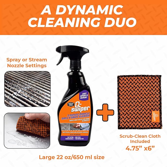 Proud Grill Company Q-Swiper 2-Minute Miracle Grill &amp Grate Cleaner with Scrub Clean Cloth - Degreaser Spray for BBQ Oven Stove Kitchen Tops &amp Surfaces Grate &amp Grease Remover Smoker C
