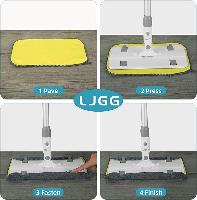 Reusable Microfiber Flat Mop for Floor Cleaning 10.8 in (27.5 cm) Aluminum Base with 52 in Aluminum Handle Includes 4 Washable Pads for Wet &amp Dry Use – LJGG (Gray/Yellow)