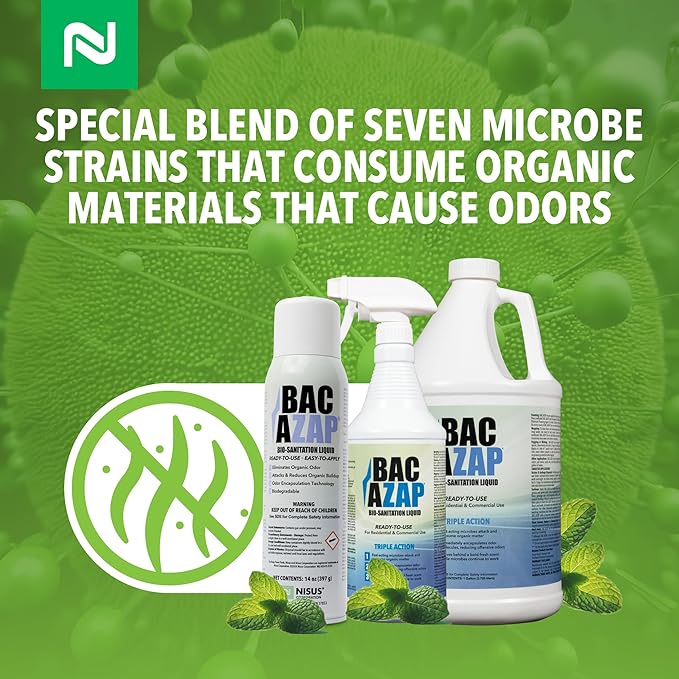 Nisus Bac-Azap Odor Eliminator Ready-to-Use Bio-Sanitization Liquid Neutralizes Organic Waste Odors Safe for Plumbing 14 Oz