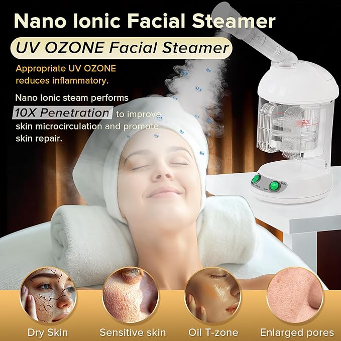 Easy to Clean Facial Steamer Portable Nano Ionic Face Steamer for Facial Deep Cleaning with 360° Rotating Arm 300ML Large Capacity with Aromatherapy Diffuser Warm Mist
