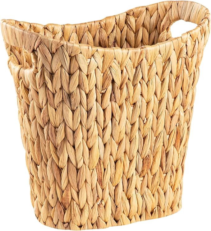 FairyHaus Wicker Trash Can with Handles Natural Water Hyacinth Wicker Waste Basket Handwoven Wicker Trash Basket for Bathroom Bedrooms 13 L x 7.5 W x 12.2 H