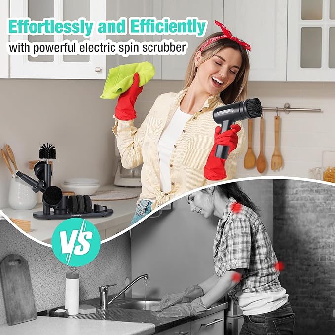 HAUSHOF Electric Spin Scrubber Cordless Dish Scrubber Brush with 8 Replaceable Heads &amp 3 Speeds Power Scrubber Electric Scrubber for Cleaning Kitchen Sink Bathroom Knife Sharpener Included