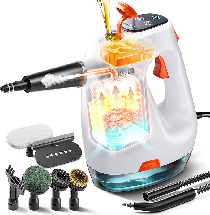 POPCHOSE Steam Cleaner with Detergent Dispenser 15s Heat-Up Handheld Steam Cleaner for Home 500ml Removable Water Tank Lightweight Portable Steamer for Cleaning Grout Windows Kitchen Easy Refill