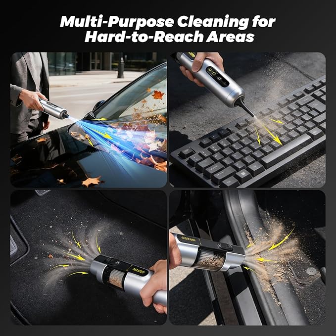 Mr.ego Car Vacuum Portable Cordless 20000Pa Mini Vacuum Cleaner &amp Air Duster 100000 RPM Brushless Motor Handheld Vacuum with LED Light and Multi-Nozzles for Car Home Office Pet (Silver)