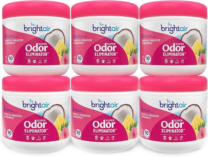 Bright Air 14 oz. Super Odor Eliminator For Medium-Size Spaces Tropical Paradise &amp Pineapple Scent Case of 6 Air Freshener Natural Essential Oils Lasts Up to 90 Days Each