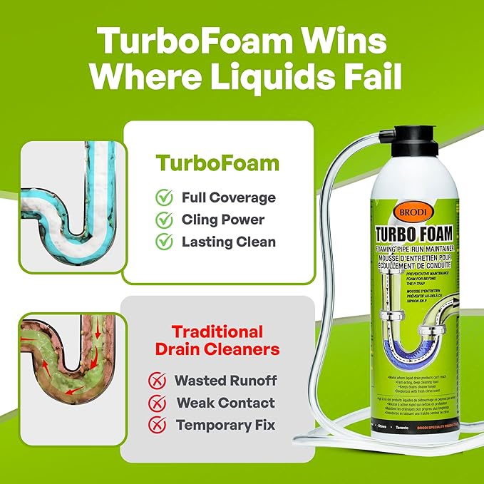 TurboFoam Drain Foam Cleaner Expanding Enzyme Formula Deep-Cleans Pipes Dissolves Fat Oil &amp Grease Stops Odors at the Source – Safe for All Plumbing &amp Septic Systems (Pack of 1)