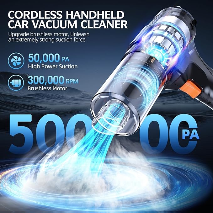 Cordless Handheld Car Vacuum Cleaner 50000Pa High-Power Brushless Motor Rechargeable Dust Buster with 2 Batteries &amp Charger 6-in-1 Portable Vacuum Cleaners for Home Pet Hair Black