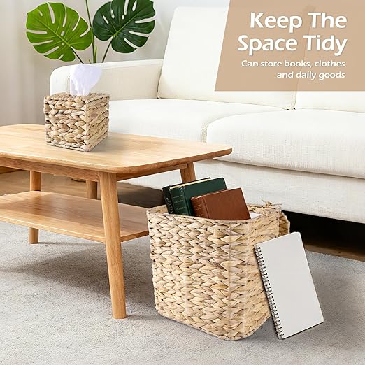 Wicker Trash Can and Handwoven Tissue Box Cover Set Rattan Waste Basket with Lid and Liner Boho Decorative Water Hyacinth Square Napkin Box Holder for Bathroom Bedroom Kitchen Living Room