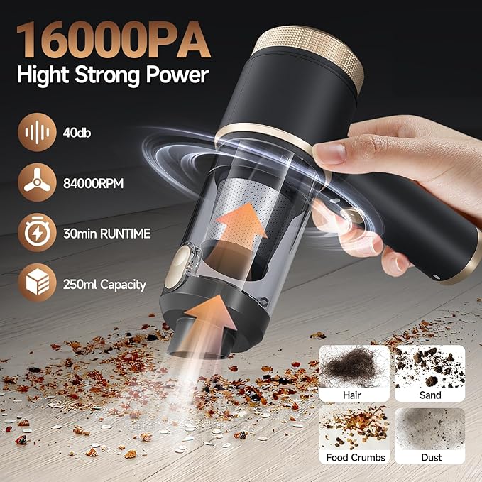 Car Vacuum Portable Cordless16000PA Strong Suction Handheld Car Cleaner with Dual HEPA FiltersLED LightType-C Charging Mini Vacuum One-Click Empty Compact for Home Cleaning and Office