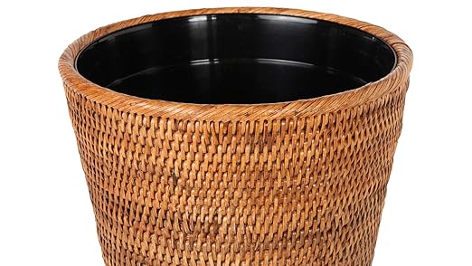 Mekomy KOUBOO La Jolla Rattan Wastebasket with Plastic Insert Handmade Trash Can Small Wastebasket Bedroom Bathroom Vanity RV Dorm Honey Brown