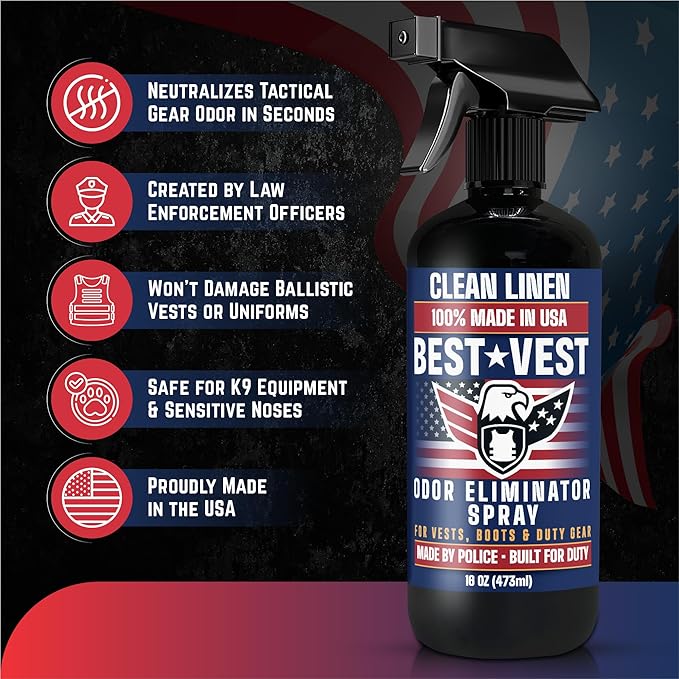 Odor Eliminator Spray for Tactical Gear &amp Body Armor – Clean Linen 16 oz (2-Pack) Made in USA – Gift for Police &amp First Responders