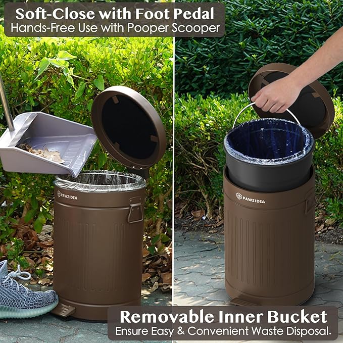 PAWZIDEA Dog Poop Trash Can Outside Odor Control 3.1Gallon Pet Waste Trash Can Outdoor Waterproof Dog Poop Container Bin Outdoor Garbage Can with Lid 7.8in Activated Carbon Filter Pet Waste Station