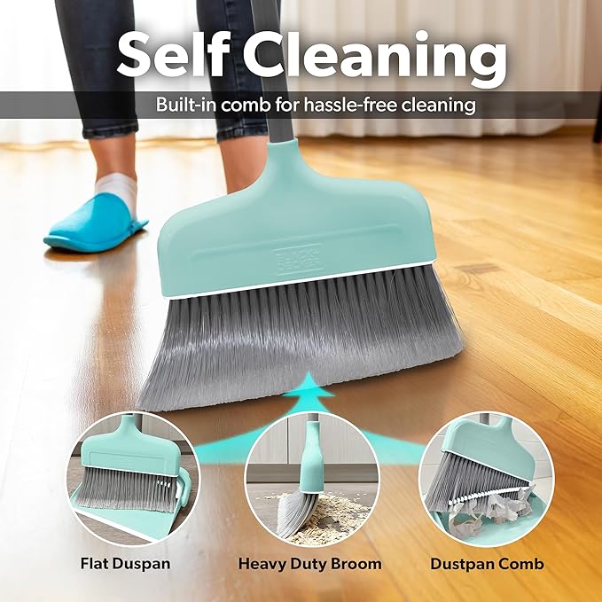 BLACK+DECKER Butler Broom &amp Dustpan Set - Short Handle Stand-Up Design - Lightweight Space-Saving Combo for Kitchen Living Room Bathroom Lobby Floors - Home Cleaning Essential Teal/Grey