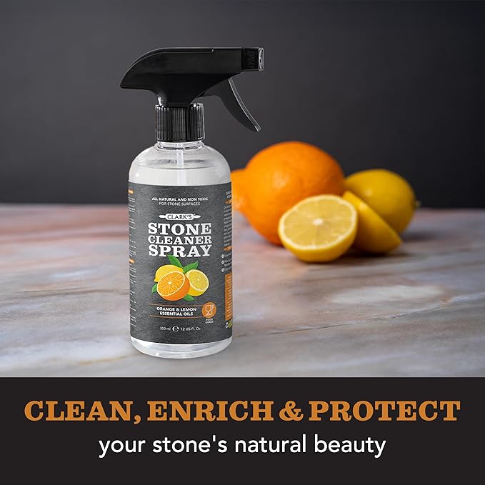 CLARK'S Natural Stone Spray Cleaner with Microfiber Cloth for Soapstone Granite Quartz Marble &amp other Countertop Surfaces – Pure Ingredients to Keep Stone Protected Citrus Oil Extracts 12oz